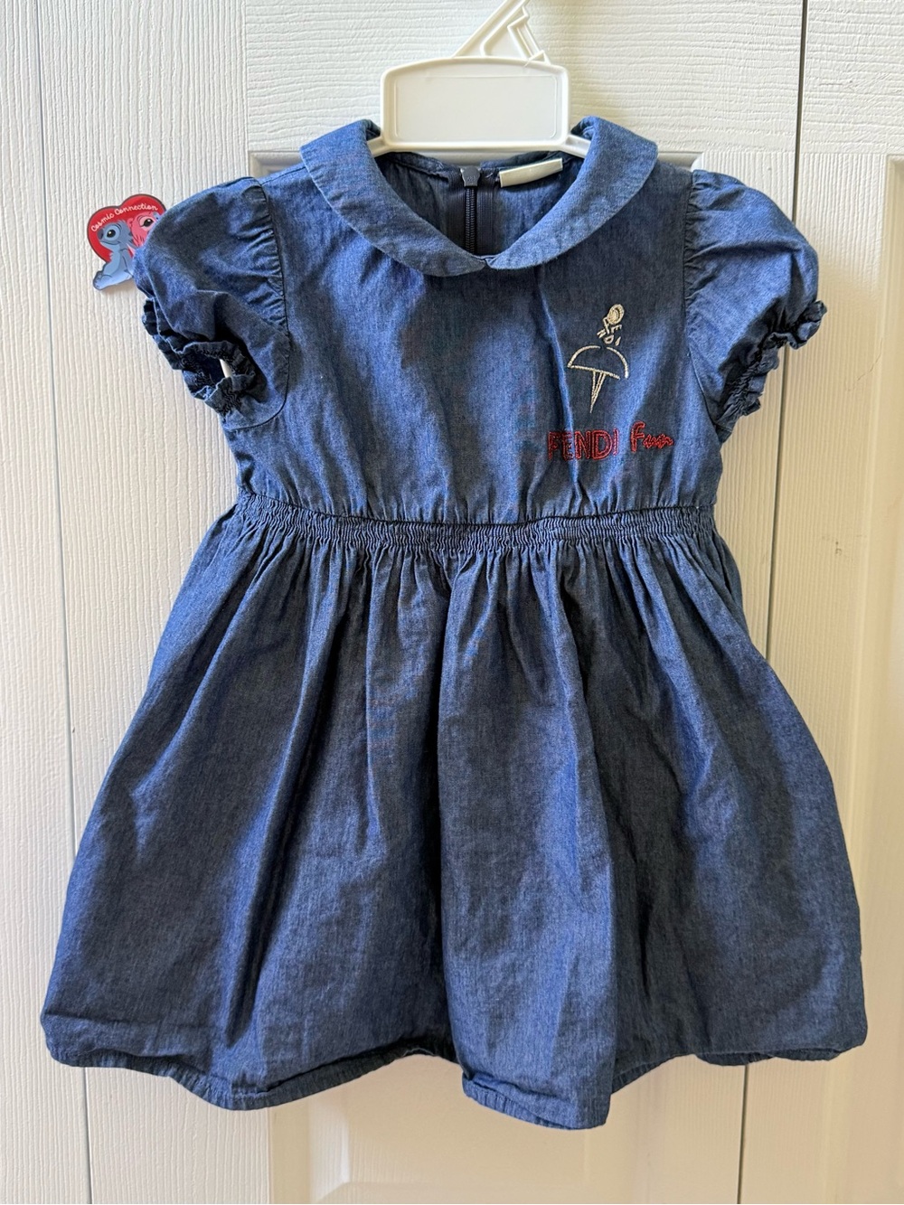Fendi Kids Dark Blue Denim Dress with Peter Pan Collar Size 24m